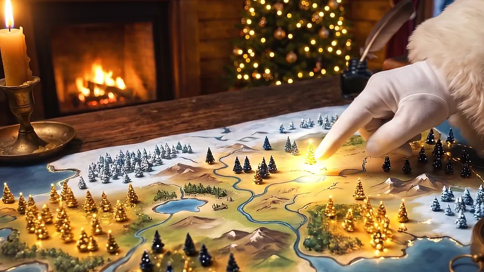 Santa points at the family's tree on his magic map