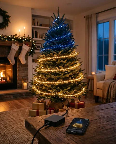 A real Christmas tree with a smart garland: gold below, dark blue at the top