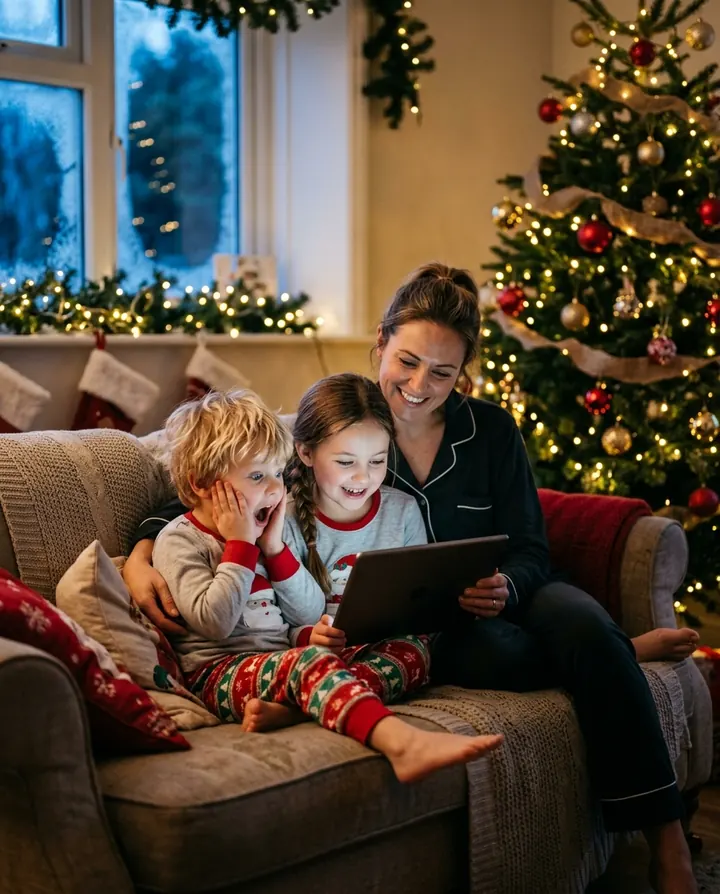 Two children in pajamas watch a tablet with their mom in the morning