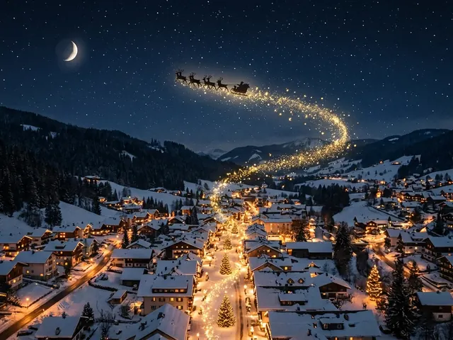 Santa's sleigh flying over a snowy town at night