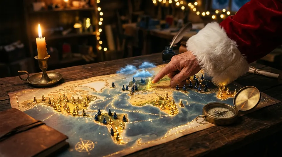 Santa's magic map with little Christmas trees