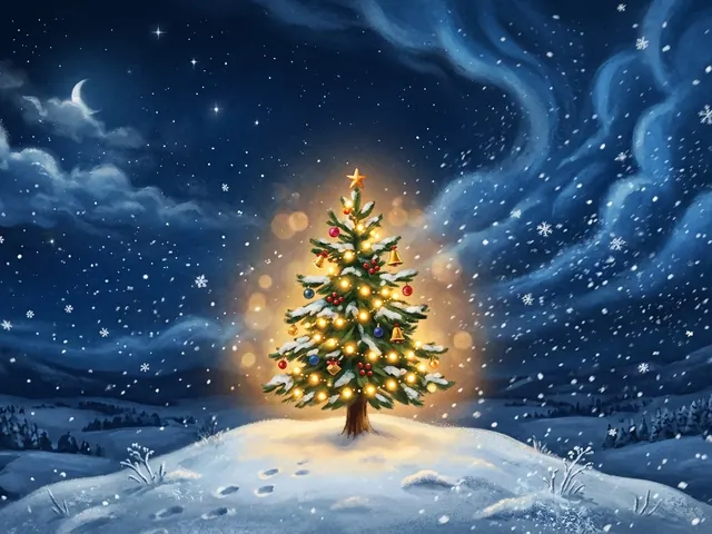 A small Christmas tree glowing on a hill as a winter storm comes